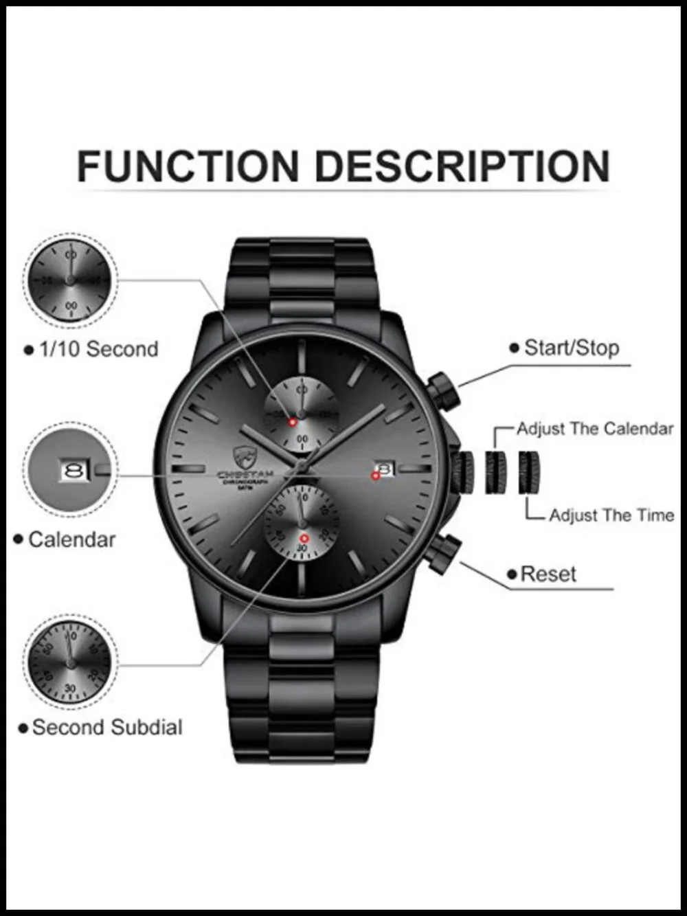 Mens Stainless Steel Chronograph Quartz Watch Waterproof Business Auto Date